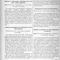 0477 - Page 470 - Partie scientifique. L'Actualité Scientifique. Les Sociétés Savantes. Paris. Sur un cas de chancre blennorragique, (Soc. de derm. et de syph. ; 8-11-1928) / Réactions de Wassermann irréductibles chez deux soeurs hérédo-syphilitiques. _, (Soc. de derm, et de syph. ; 8-11-1928) / A propos de la pathogénie et du traitement des ictères para-arsenicaux, Soc. de derm, et de syph. ; 8-11-1928) / Traitement des verrues par l’auto-hémothérapie, (Soc. de dermi et de syph. ; 8-11-28) / Résultats du traitement du lupus érythémateux par les sels d’or, (Réunion derm, et Strasbourg ; 8-17-1928)