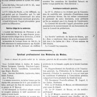 0496 - Page 489 - Partie professionnelle, Hygiène, Assistance, Mutualité, Intérêts corporatifs, Variétés. Comptes rendus, documents, pièces officielles.... Sou médical. Extrait analytique des procès-verbaux du Conseil d’Administration / Syndicat professionnel des Médecins du Médoc. Extraits et résumé du procès-verbal de la réunion générale du 25 novembre 1928 à Lesparre