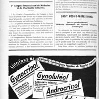 0593 - Page 586-XII - A travers l’officiel. Réponses des Ministres aux questions des Parlementaires. Remboursement des frais médicaux aux agents des postées blessés en service / Ve Congrès international de Médecine et de Pharmacie militaires / Droit médico-professionnel. Secret professionnel. Médecin directeur de bureau d’hygiène municipal
