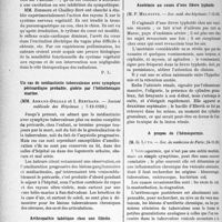 0619 - Page 612 - Partie scientifique. L’actualité Scientifique. Les Sociétés Savantes. Paris. Action des rayons X sur le vague, (Académie de médecine ; 15-1-1929) / Un cas de médiastinite tuberculeuse avec symphyse péricardique probable, guérie par l’héliothérapie marine, (Société médicale des Hôpitaux ; 7-12-1928) / Arthropathie tabétique chez une fillette, (Soc. méd. des hôpitaux ; 7-12-1928) / Azotémie au cours d’une fièvre typhoïde, (Soc. méd. des hôpitaux;7-12-28) / A propos de l’hémospermie, (Soc. de médecine de Paris -, 24-11-28)