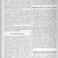 0621 - Page 614 - Partie scientifique. L’actualité Scientifique. Les Sociétés Savantes. Lyon. Société nationale de médecine et des sciences médicales.. Tuberculose hilaire et méningite chez l’adulte / Cancer primitif du poumon / A propos d’une vésicule « fraise » / Epithélioma sténosant de la région sous-glottique / Utilisation des greffes graisseuses pour l’oblitération immédiate des brèches pleurales opératoires