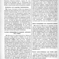0623 - Page 616 - Partie scientifique. L’actualité Scientifique. Les Sociétés Savantes. Lyon. Société médicale des hôpitaux. Syphilis médullaire à forme de poliomyélite / Recherches sur le sang dans l’ankylostomiase / La phase radiographique de la granulie pulmonaire chez l’enfant / Tumeurs intra-rachidiennes. Gliomatose intra-et extra-médullaire / Adénie éosinophilique avec compression médullaire / Tumeur ponto-cérébelleuse sans troubles auditifs / Inoculation au cobaye du vaccin B. C. G