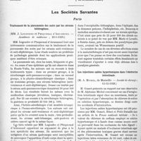 0767 - Page 758 - Partie scientifique. L’Actualité Scientifique. La Presse. L’origine des gaz intestinaux [(Le Bulletin médical, 22 décembre 1928)] / Les Sociétés Savantes. Paris. Traitement de la pneumonie des noirs par les sérums hétérogènes, (Académie de médecine ; 29-1-1929) / La malariathérapie en dehors de la paralysie générale-, (Académie de médecine ; 5-2-1929) / Les injections salées hypertoniques dans l’obstruction intestinale, (Société de chirurgie ; 12-12-1928)