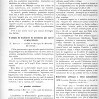 0843 - Page 832 - Partie scientifique. L’Actualité Scientifique. Les Sociétés Savantes. Paris. Syndrome neuro-anémique traité par l’ingestion de foie, (Soc. méd. des hôpitaux ; 18-1-1929) / A propos du traitement de l’occlusion par cancer du gros intestin, (Société de chirurgie de Marseille ; 10-12-1928) / Les grandes oxalémies, (Soc. méd. des hôpitaux ; 18-1-1929) / Tuberculose splénique à forme mélanodermique, (Soc. méd. des hôpitaux ; 18-1-1929) / Diabète insipide chez un enfant ; action remarquable de l’hypophyse par voie nasale, (Soc. méd. des hôp. ; 18-1-1929)