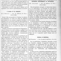 0912 - Page 899 - Partie scientifique. L'Actualité Scientifique. Les Sociétés Savantes. Paris. Lésions tuberculeuses de l’urètre, de la vessie et des uretères. Traitements physiothérapiques, (Soc. de médecine de Paris : 29-12-1928) / A propos de la migraine, (Soc. de médecine de Paris ; 29-12-1928) / Le sérum activé de génisse contre les accidents de la ménopause physiologique ou chirurgicale, (Soc. de médecine de Paris. ; 29-12-1928) / Asthme et éphédrine, (Soc. de médecine de Paris ; 11-1-29)