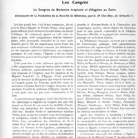 0913 - Page 900 - Partie scientifique. L'Actualité Scientifique. Les Sociétés Savantes. Paris. Asthme et éphédrine, (Soc. de médecine de Paris ; 11-1-29) / Les Congrès. Le Congrès de Médecine tropicale et d’Hygiène au Caire. Centenaire de la Fondation de la Faculté de Médecine, par le Dr Clot Bey