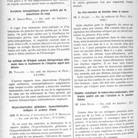 1065 - Page 1052 - Partie scientifique. L'Actualité Scientifique. Sociétés Savantes. Paris. Dosage colorimétrique des sels biliaires dans la bile et le liquide du tubage duodénal, (Soc. méd. des hôpitaux de Paris ; 25-1-1929) / Accidents hémophiliques graves arrêtés par la transfusion du sang, (Soc. méd. des hôpitaux La méthode de Whipple comme thérapeutique adjuvante dans le traitement de l’hépatite aiguë amibienne, Soc. méd. des hôpitaux de Paris ; 1-2-1929) / Hyperchlorhydrie globulaire, hyperehlorhydrie bulbaire et acidose rénale, (Soc. méd. des hôp. de Paris ; ler-2-1929) / La séro-réaction de Botelho dans le cancer, (Soc. de médecine de Paris ; 26-1- 1929) / Diabète compliqué de tuberculose pulmonaire, traité depuis quatre ans par l’insuline et le pneumothorax, (Soc. méd. des hôpitaux ; 25-1- 1929)