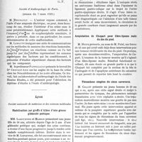 1133 - Page 1120 - Partie scientifique. L’Actualité Scientifique. Les Sociétés Savantes. Paris. Quelques cas de rhumatisme blennorragique traités par les lysats-vaccins, (Soc. méd. des hôpitaux ; 25-1-1929) / Société d'Anthropologie de Paris, (séance du 7 mars 1929) / Lyon. Société nationale de médecine et des sciences médicales. Stabilisation par greffe d’Albee d’une grosse gibbosité pottique / Anévrysme de l’artère gastro-épiploïque droite / Amputation de Chopart pour fibro-lipome malin du dos du pied / Thrombose otogène du sinus caverneux / Fractures multiples. Fracture et luxation dorsale du scaphoïde