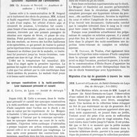1204 - Page 1191 - Partie scientifique. L’Actualité Scientifique. Les Sociétés Savantes. Paris. Abcès aigu du poumon avec bacilles fusiformes et spirochètes : traitement par l’arsénobenzol, (Académie de médecine ; 5-3-1929) / Les syncopes consécutives à la rachi-anesthésie. Leur traitement préventif et curatif, (Société de chirurgie ; 23-1-1929) / Migration d’un épi de graminée à travers les voies respiratoires, (Soc. de chirurgie ; 9-1-1929) / Accidents consécutifs aux injections intra-utérines de lipiodol, (Société de chirurgie ; 23-1-1929)