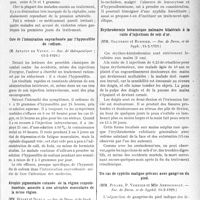 1284 - Page 1271 - Partie scientifique. L'Actualité Scientifique. Les Sociétés Savantes. Paris. L'acide quinique dans le traitement des névralgies et de la céphalée des azotémiques, (Société de thérapeutique ; 13-2-1929) / Cure de l’intoxication oxycarbonée par l’hyposulfite de sodium, (Soc. de thérapeutique ; 13-2-1929) / Atrophie pigmentaire cutanée de la région scapulo- humérale, associée à une atrophie musculaire de la même région, (Soc. de Derm. et de Syph. ; 14-2-1929) / Erythrodermie kératosique palmaire bilatérale à la suite d’injections de sels d’or, (Soc. de Derm. et de Syph. ; 14-2-1929) / Un cas de syphilis maligne précoce avec gangrène du pied, (Soc. de Derm. et de Syphil. 14-2-1929)