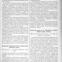 1362 - Page 1349 - Partie scientifique. L’Actualité Scientifique. Les Sociétés Savantes. Paris. Phénomènes d’hypochloruration apparaissant chezun urémique, traité par le régime sans sel, (Soc. méd. des Hôpitaux ; 15-2-1929) / Sur un cas de néphrose lipoïdique, (Soc. Méd. des Hôpitaux. — 15-2-1929) / Pneumothorax thérapeutique mué en caverne pleuro-pulmonaire géante, (Soc. Méd. des Hôpitaux ; 15-2-1929) / Intoxication grave par le bichromate de potasse. Néphrite aiguë. Guérison, (Soc. Méd. des Hôpitaux : 15-2-1929)