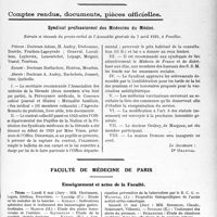 1592 - Page 1575 - Partie professionnelle, Hygiène, Assistance, Mutualité, Intérêts corporatifs, Variétés. Travaux Originaux. Variétés. La médecine à la troisième période des temps védiques, par Albert Garrigues / Comptes rendus, documents, pièces officielles. Syndicat professionnel des Médecins du Médoc, Extraits et résumés du procès-verbal de l'Assemblée générale du 7 avril 1929, à Pauillac / Faculté de médecine de Paris. Enseignement et actes de la Faculté