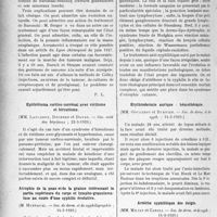 1715 - Page 1696 - Partie scientifique. L’Actualité Scientifique. Les Sociétés Savantes. Paris. Infection locale et guérison du cancer, (Société de chirurgie-, 20-2-1929) / Epithélioma cortico-surrénal avec virilisme et hirsutisme, (Soc. méd, des hôpitaux ; 22-3-1929) / Atrophie de la peau et de la graisse intéressant la partie supérieure du corps et lympho-granulomatose au cours d’une syphilis évolutive, (Soc. de derm. et de syphiligraphie ; 14-3-1929) / Erythrodermie aurique : hémothérapie, (Soc. de derm. et de syph. ; 14-3-1929) / Artérite syphilitique des doigts, (Soc. de derm. et de syph. ; 14-3-1929)