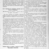 1716 - Page 1697 - Partie scientifique. L’Actualité Scientifique. Les Sociétés Savantes. Paris. Artérite syphilitique des doigts, (Soc. de derm. et de syph. ; 14-3-1929) / Sur le traitement du granulome annulaire par le vaccin de Vaudremer, (Soc. de derm. et de syphil. ; 14-3-1929) / Comment traiter les syphilis à réaction de Bordet-Wassermann irréductible, (Soc. de derm. et de syphil. de Lyon ; 27-1-1929. Paris, 14-3-1929)