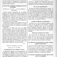 1862 - Page 1845 - Partie scientifique. L’Actualité Scientifique. Les Sociétés Savantes. Paris. Un cas d’oreillons avec suppuration parotidienne précoce, (Soc. de médecine, 8-3-1929). Les erreurs dans le diagnostic radiologique de la vésicule biliaire, (Soc. de médecine ; 23-3 1929) / Société des chirurgiens de Paris, Séance du 17 mai 1929. La polydactylie est une anomalie réversive / A propos du cerclage de la rotule / Diverticulite par perforation d’un diverticule de Meckel par une arête de poisson / Sur la caeco-sigmoïdostomie / L’emploi du Mikulicz en gynécologie / Torsion de la trompe et de l’ovaire / Des difficultés d’interprétation des images radiographiques du petit bassin / La technique du procédé de von Acker dans le traitement des hypospadias