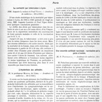 1937 - Page 1920 - Partie scientifique. L’Actualité Scientifique. La Presse. L’opothérapie de la gonococcie [(Notes pratiques d'actualité médicale, avril 1929, n° 85)] / Les Sociétés Savantes. Paris. La mortalité par tuberculose à Lyon, (Académie de médecine ; 30-4-1929) / L’érythrémie des altitudes, (Académie de médecine ; 30-4-1929) / Une nouvelle méthode vaccinale : vaccination par la porte d’entrée, (Académie de médecine ; 23-4-1929)