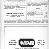 1973 - Page 1956-LXIV - Correspondance. Application du Tarif Fallières. Rayons ultra-violets / Questions médico-militaires. Pension d’un tuberculeux de guerre à 100 %