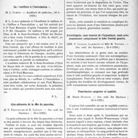 2010 - Page 1991 - Partie scientifique. L'actualité Scientifique. Les Sociétés Savantes. Paris. Modifications du coeur chez l’enfant par l’amélioration de l’insuffisance respiratoire, (Société de Pédiatrie ; 21-5-1929) / La « coeffure à l’inoculation », (Académie de médecine ; 30-4-1929) / Cyto-adénome de la fête du pancréas, (Soc. méd. des hôpitaux ; 26-4-1929) / Transfusion sanguine et syphilis, (Soc. méd. des hôpitaux ; 26-4-1929) / Acromégalie, sans tumeur de l’hypophyse, mais avec psammome comprimant le lobe frontal gauche, (Soc. méd. des hôpitaux ; 26-4-1929)