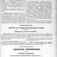 2032 - Page 2013 - Partie professionnelle, Hygiène, Assistance, Mutualité, Intérêts corporatifs, Variétés. Faculté de médecine de Paris. Enseignement et actes de la Faculté / Hôpitaux de l’assistance publique de paris. Enseignement, concours, avis divers / Reportage professionnel. Nouvelles et Informations, (Voir les Dernières Nouvelles en tête des t Demi-Colonnes »). Nécrologie [Dr Fescq, Dr Brousse de Bourganeuf, Dr Ramonencq, Dr Perthuis, Dr Paul Engelbach] / Un carré de V. E. M. à Châtel-Guyon