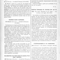 2069 - Page 2048 - Partie scientifique. L'Actualité Scientifique. Les Sociétés Savantes. Paris. La souris de maison facteur étiologique des maladies à pneumocoques et à colibacilles, (Académie de médecine : 7-5-1929) / Ablation partielle du sein pour des hémorrhagies répétées semblant liées à une tumeur papillaire bénigne, (Société de Chirurgie ; 27-2-1929) / Anesthésie locale et adrénaline, (Société de chirurgie ; 6-3-1929) / Les projectiles de la région hilaire du poumon. Technique opératoire, (Société des Chirurgiens de Paris ; 10-6-1929) / Erythème biotropique du neuvième jour par l’or, (Soc. de derm, et de syph, 18-4-1929) / L’érythrocyanogénie et ses complications, (Soc. de derm, et de syph. ; 18-4-29)