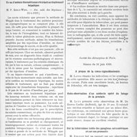 2226 - Page 2203 - Partie scientifique. L'Actualité Scientifique. Les Sociétés Savantes. Paris. Le traitement de la claudication intermittente par la radiothérapie, (Société de médecine de Paris ; 27-4-1929) / Un cas d’anémie biermérienne résistant au traitement hépatique, (Soc. méd. des. hôpitaux ; 12-4-1929) / La radioscopie pulmonaire des sujets présumés sains, (Société médicale de l'Elysée, Paris ; mars 1929) / Société des chirurgiens de Paris, Séance du 21 juin 1929. A propos de la caeco-sigmoïdostomie / Auto-observation d’un médecin opéré du forage de la prostate / Sur la tuberculose isolée des ganglions mésentériques et sur son pronostic