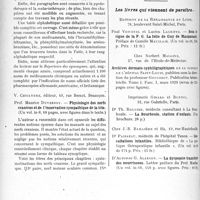 2231 - Page 2208 - Partie scientifique. L'Actualité Scientifique. Les livres. Formulaire des médicaments nouveaux pour 1929, par Dr R. Weitz, Librairie J. -B. Baillière et Fils, Paris / Physiologie des nerfs crâniens et de l’innervation sympathique de la tête, par Prof. Maurice Duvernoy, V. Chicandre, éditeur, Besançon