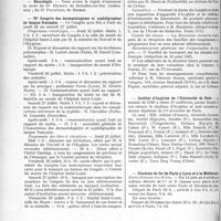 2249 - Page 2226 - Partie professionnelle, Hygiène, Assistance, Mutualité, Intérêts corporatifs, Variétés. Reportage professionnel. Nouvelles et Informations, (Voir les Dernières Nouvelles en tête des "Demi-Colonnes"). Nécrologie [Dr Huriet, Dr Pourtier] / IVe Congrès des dermatologistes et syphiligraphes de langue française / Institut d’hygiène de l’Université de Paris / Chemins de fer de Paris à Lyon et à la Méditerranée
