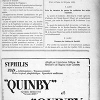 2268 - Page IX-2245 - A travers l’officiel. Recrutement et nomination des directeurs de la santé et médecins de la santé ainsi que les agents principaux ou ordinaires docteurs en médecine / Avis de vacance de postées de médecins des asiles d’aliénés / Vacance de chaires de faculté