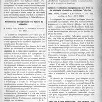2286 - Page 2263 - Partie scientifique. L’Actualité Scientifique. Les Sociétés Savantes. Paris. Les eczématides secondaires au cours des intertrigos, (Académie de Médecine ; 4-6-1926) / Médiastinotomie décompressive pour tumeur du médiastin, (Société de chirurgie ; 10-4-1929) / L’action des lysats-vaccins polymicrobiens sur les localisations respiratoires de la grippe, (Soc. méd. des Hôp. de Paris. 17-5-1929) / Guérison ou rémission exceptionnelle dans trois cas de méningite tuberculeuse traités par l’allergine, (Soc. méd. des hôp. de Paris ; 17-5-1929) / Deux cas d’abcès pulmonaires, non amibiens, rapidement améliorés par le traitement émétinien, (Soc. Méd. des hôp. de Paris. 31-5-1929)