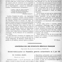 2309 - Page 2286 - Partie professionnelle, Hygiène, Assistance, Mutualité, Intérêts corporatifs, Variétés. Comptes rendus, documents, pièces officielles. Douze journées médicales aux Cévennes-Pyrénées [Dr Henne] / Confédération des syndicats médicaux français. Compte rendu succinct de l’Assemblée générale extraordinaire du 2 juin 1929