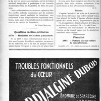 2325 - Page 2302-LXII - Correspondance. Hôpitaux. Une commission administrative prend la décision de convoquer le Corps médical de l’établissement à ses séances / Questions médico-militaires. Radiation des cadres prématurée / Fiscalité. Patente sur un cabinet de consultations
