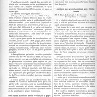 2361 - Page 2338 - Partie scientifique. L’Actualité Scientifique. Les sociétés savantes. Paris. Etude étiologique de la syringomyélie, (Académie de médecine ; 4-6-1929) / Caractères cliniques et épidémiologiques de l’épidémie dite de grippe de l’hiver 1929, (Soc. méd. des hôp. de Paris ; 24-5-1929) / Trois cas de paludisme ancien réveillé par la grippe, (Soc. méd. des hôp. de Paris ; 10-5-1929) / Azotémie poste-arsénobenzolique avec rétention chlorée, (Soc. méd. des hôpitaux ; 17-5-1929) / Insuffisance cardiaque d’origine métabolique, (Soc. des hôp. de Paris ; 10-5-1929)