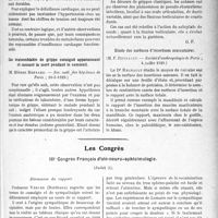 2362 - Page 2339 - Partie scientifique. L’Actualité Scientifique. Les sociétés savantes. Paris. Insuffisance cardiaque d’origine métabolique, (Soc. des hôp. de Paris ; 10-5-1929) / Cas vraisemblable de grippe suraiguë apparaissant et causant la mort pendant le sommeil, (Soc. méd. des hôpitaux de Paris ; 10-5-1929) / Cas de grippe avec complications rares, (Soc. méd. des hôpitaux de Paris ; 10-5-1929) / Etude des surfaces d’insertions musculaires, (Société d'anthropologie de Paris ; 4 juillet 1929) / Les Congrès. IIIe Congrès Français d’oto-neuro-ophtalmologie, (Suite)