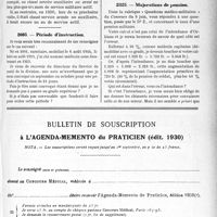 2396 - Page LXV-2373 - Correspondance. Questions médico-militaires. Durée du service d’un jeune homme réformé temporairement / Période d’instruction / Majorations de pension / Bulletin de souscription à l’agenda-memento du praticien (édit. 1930)
