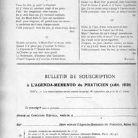 2465 - Page 2442-LXVI - Anthologie. Pourquoi je viens z’aux Eaux [Mauricet] / bulletin de souscription à l’agenda-memento du praticien (édit. 1930)