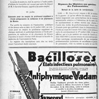 2473 - Page 2450-X - A travers l’officiel. Avis de vacance de postées de directeurs de bureaux municipaux d’hygiène / Avis de vacance de postées de médecins de cadre des asiles publics d’aliénés / Concours pour un emploi de professeur suppléant à l’école préparatoire de médecine et de pharmacie de Rouen / Concours pour un emploi de chef de travaux à l’école de médecine et de pharmacie de Clermont / Réponses des Ministres aux questions des Parlementaires. Retrait de la carte de surclassement