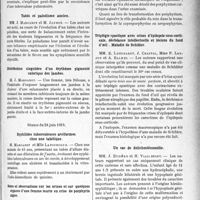 2494 - Page 2471 - Partie scientifique. L'Actualité scientifique. Les Sociétés Savantes. Montpellier. Dissociation humoro-clinique chez un tabétique ancien paludéen. MM. J. Euziere, H. Viallaefont et A. Ratie / Tabès et paludisme ancien. MM. J. Margarot et M. Janbon / Distribution singulière d'un érythème pigmenté calorique des jambes. M. J. Margarot / Séance du 28 juin 1929. Syphilides tuberculeuses arciformer chez une tabétique M. Margarot et Mlle Lafourcade / Notes et organes d'une femme morte en crise de porphyriealgue MM. E. Derrien et Ch. Benoit / Triplégie spastique avec crises d'épilepsie sous-corti-cale, déchéance intellectuelle et lésions du fond d'oeil. maladie de séhilder MM. E. Leenhardt, J. Chaptal, Mme p. Lonjon et A. balmes / Un cas de dolichosténomélie MM. J. Euziére et H. ViallefontSéance du 28 juin 1929