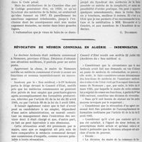 2661 - Page 2606 - Partie professionnelle, Hygiène, Assistance, Mutualité, Intérêts corporatifs, Variétés. Travaux Originaux. Déontologie et discipline professionnelle [G. Duchesne] / Révocation de médecin communal en Algérie. — Indemnisation
