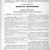2673 - Page 2618 - Partie professionnelle, Hygiène, Assistance, Mutualité, Intérêts corporatifs, Variétés. Reportage professionnel. Nouvelles et Informations, (Voir les Dernières Nouvelles en tête des « Demi-Colonnes »). Nécrologie [Dr. Saignol] / Le 25e Concours Lépine / Conférence sur l’hygiène dans la marine marchande / École pratique du service social / La Journée médicale de Brides-les-Bains sur l’obésité