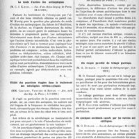 2853 - Page 2798 - Partie scientifique. L’Actualité Scientifique. Les Sociétés Savantes. Paris. Le traitement soufré des brûlures à l’acide fluorhydrique, (Académie de médecine ; 30-7-1929) / Le mode d’action des antiseptiques, (Soc. d'oto-rhino-laryng. de Paris, 22-3-1929) / Utilité des ponctions étagées dans le traitement des méningites cérébro-spinales, (Soc. méd des hôp. de Paris ; 5-7-1929) / Tétanos grave guéri par la sérothérapie associée, (Soc. méd. des hôpitaux de Paris ; 5-7-1929) / Du risque possible du tubage gastrique, (Société de thérapeutique ; 12-6-1929) / De quelques accidents causés par les vaccins anti-colitiques, (Soc. de thérapeutique ; 12-6-1929)