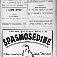 2946 - Page VII-2891 - Dernières nouvelles. Département de l’Aisne / A travers l’officiel. Hygiène publique / Lutte anticancéreuse / Service de Santé des Troupes coloniales