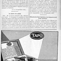 2948 - Page IX-2893 - A travers l’officiel. Réponses des Ministres aux questions des Parlementaires. Imposition d’un médecin de compagnie minière / Le divorce des aliénés / Déduction des frais d’opération et de clinique de l’actif d’une succession