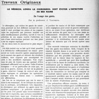 2956 - Page 2901 - Partie scientifique. Travaux Originaux. Le médecin, comme le chirurgien, doit éviter l'infection de ses mains. De l’usage des gants, par le professeur J. Vanverts