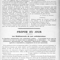 3016 - Page 2959 - Cinquantenaire du concours médical, (17 et 18 Novembre) / Propos du jour. Les Etablissements de cure antituberculeux. La direction administrative des sanatoriums publics. – L'association de la cure de soleil et de la cure de travail dans le traitement de la tuberculose. – La clinique manufacture internationale des tuberculeux chirurgicaux indigents. – Colonies agricoles et maraichères, compléments de la cure sanatoriale [J. Noir]