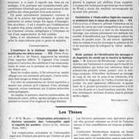 3055 - Page 2980 - Partie scientifique. L'actualité scientifique. Les Congrès. XIVe Congrès de médecine légale de langue française, (Suite et fin). La responsabilité pénale des épileptiques et leur assistance – M. André Ceillier / L’importance de la phalange unguéale dans l'identification des débris osseux – MM. Pierre Parisot et Mutel / Spectroscopie épimicroscopique et spectrographie en lumière de Wood – MM. Héger-Gilbert et de Laet / Contribution à l’étude médico-légale des crasses qui se produisent dans le canon des armes à feu – MM. Piédelievre et Simonin / Etude pratique de l’identification des tatouages et du diagnostic du suicide par le réactif à la diphénylamine – M. Simonin / Les Thèses. Complications articulaires et fractures spontanées dans l'ostéomyélite aiguë et suppurée des membres, par Dr R. Mabru, Jouve et Cie, éditeurs, Paris, 1929