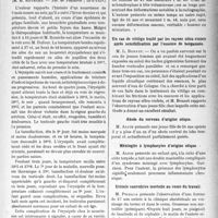 3140 - Page 3045 - Partie scientifique. L'actualité scientifique. Les Sociétés Savantes. Paris. Myélite subaiguë de l'adulte. Sérothérapie très tardive et intégralement curative, (Soc. méd. des hôp. de Paris ; 28-6-1929) / Orchite double chez un nourrisson de neuf mois, atteint d’érysipèle de la face, (Soc. de Pédiatrie ; 8-6-1929) / Lyon. Société nationale de médecine et des sciences médicales. Achondroplasie et nanisme pur / Un cas de vitiligo traité par les rayons ultra-violets après sensibilisation par l’essence de bergamote / Abcès du cerveau d’origine otique / Méningite à lymphocytes d’origine otique / Urémie convulsive mortelle au cours du travail