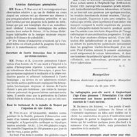 3143 - Page 3048 - Partie scientifique. L'actualité scientifique. Les Sociétés Savantes. Lyon. Société médicale des hôpitaux. Syndrome pseudo-cavitaire par déviation trachéale et médiastinale / Artérites diabétiques généralisées / Ouverture de l’aorte thoracique dans le poumon par lésions externes / Essai de traitement de la maladie de Vaquez par l'ingestion de rate fraîche / Paralysie faciale au cours d'une pneumonie / Sur un cas d’infiltration dite épituberculeuse du poumon droit / Montpellier. Réunion obstétricale et gynécologique de Montpellier, Séance du 26 juin 1929. La radiographie peut-elle servir à diagnostiquer l’age d’une grossesse ? Présentation d’un cliché concernant une femme paraissant à l’examen enceinte de 7 mois environ / Accouchements provoqués avant terme pour rétrécissement pelvien