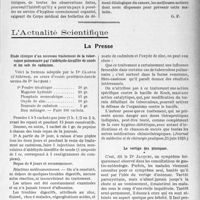 3270 - Page 3175 - Partie scientifique. Travaux Originaux. La thérapeutique au goût du jour. La lutte contre le cancer en Suisse / L'actualité scientifique. La Presse. Etude clinique d’un nouveau traitement de la tuberculose pulmonaire par l’aldéhyde-bisulfite de soudeet les sels de cadmium [(Journal de médecine et de chirurgie pratiques, 25 juin 1929)] / Le vertige des ptosiques. (Liège médical, 30 juin 1929)