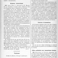 3345 - Page 3250 - Partie scientifique. L'Actualité Scientifique. Les Sociétés Savantes. Lyon. Société Médicale des Hôpitaux. Pseudo-paralysie de Parrot généralisée aux quatre membres / Eruptions stovarsoliques / Toulouse. Société de médecine, chirurgie et pharmacie. La septicémine comme adjuvant des interventions en O. R. L / Tumeurs et traumatisme / Délire systématisé avec interprétation familiale