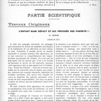 3397 - Page 3302 - Propos du jour. La question des Prompts-Secours en cas d’accidents à la ville et à la campagne, tant en France qu’à l'Étranger. Une enquête de l’A. P. I. M [J. Noir] / Partie scientifique. Travaux Originaux. L’enfant sans défaut et les préjugés des parents [G. Robin], (Suite et fin)
